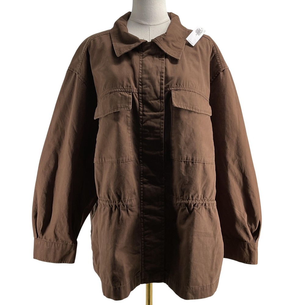 Old Navy Jacket Womens XL Brown Twill Collared Full Zip Elastic Waist Pockets